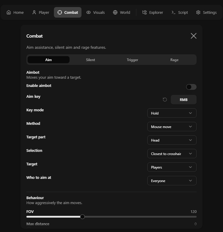 Pablo External Combat panel showing aim controls, targeting options and configurable keybinds
