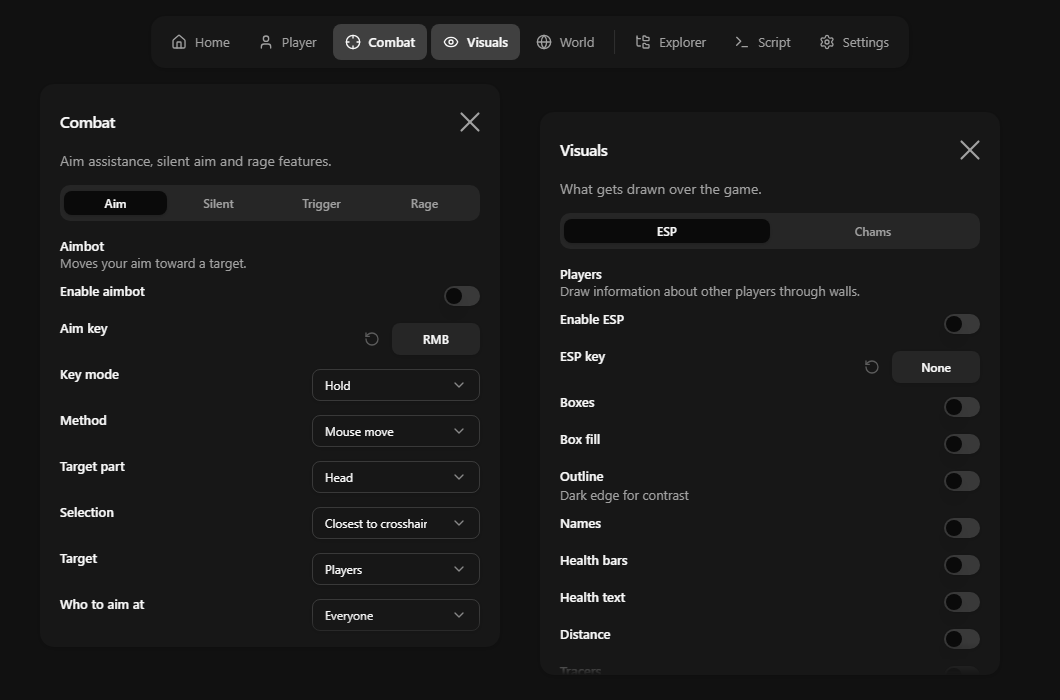 Pablo External showing the Combat and Visuals panels side by side