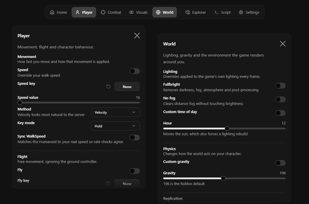 Pablo External Player and World panels showing movement and environment controls