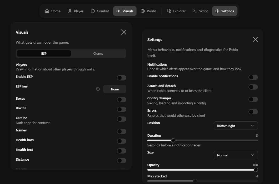 Pablo External Visuals panel showing ESP controls alongside application settings